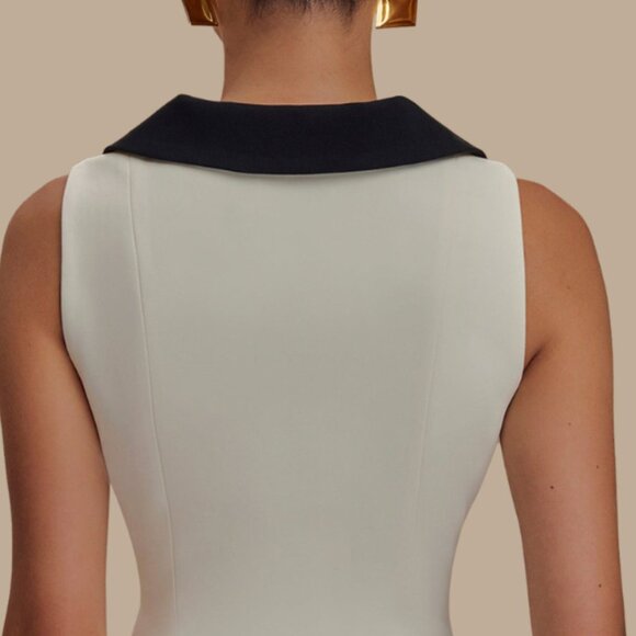 Button Front Sleeveless Mini Dress | Sheath Formal Mini Dress w/ Collar Neck - Picture 8 of 9